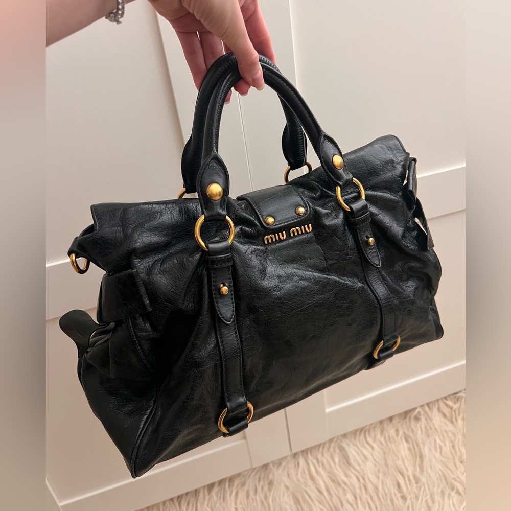 Authentic Miu Miu Large Black Leather Bow Two Way Bag Shoulder Handbag